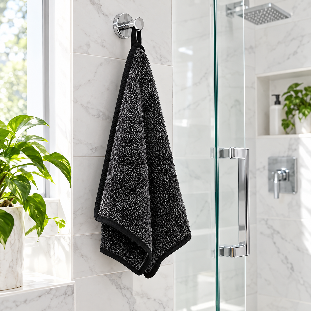 Hangs in the shower by its loop