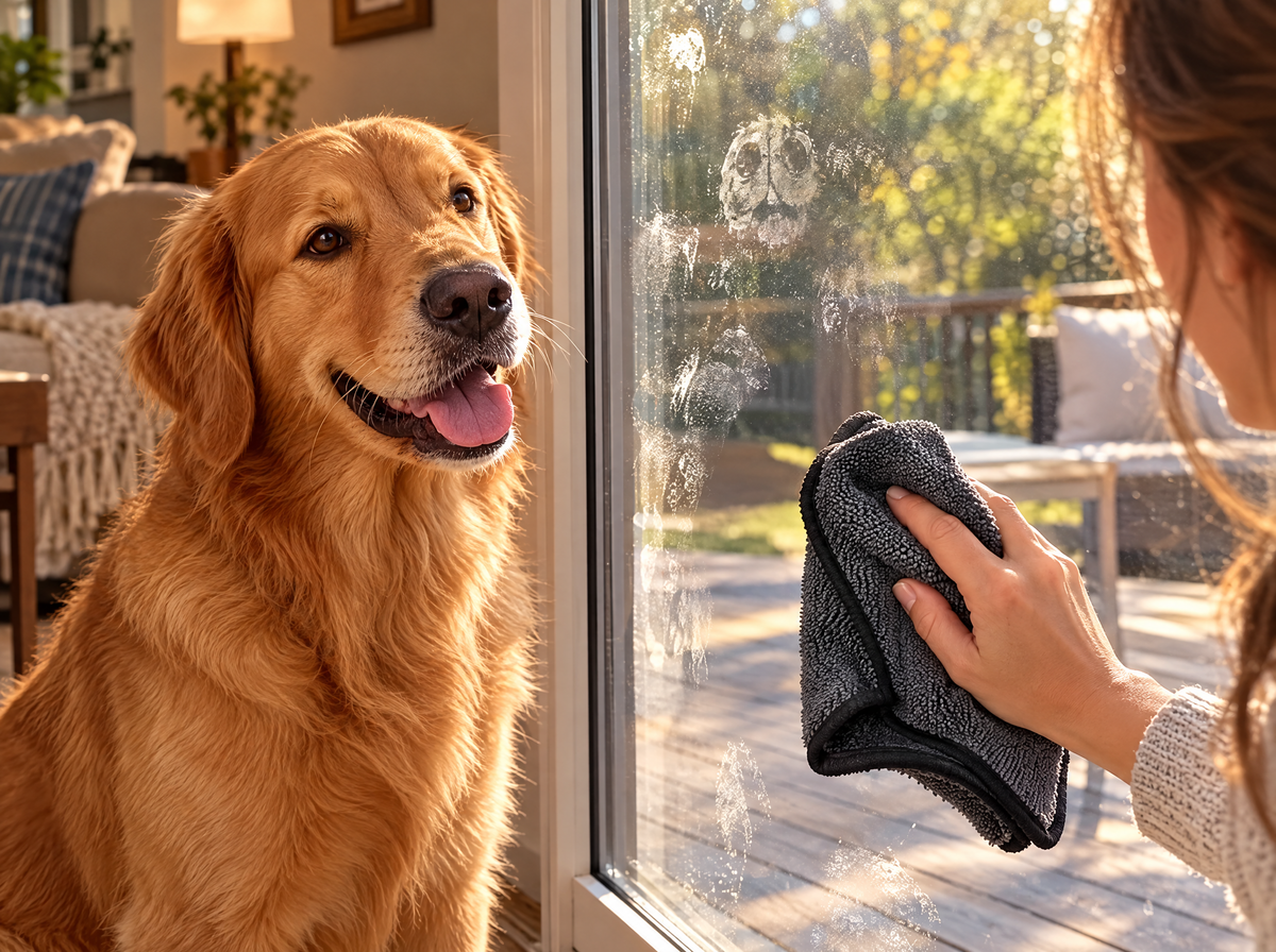 Dog nose prints on a patio door