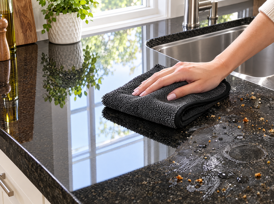 Black granite counter shine