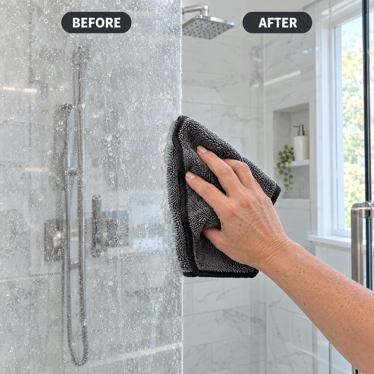 Shower glass before and after one wipe