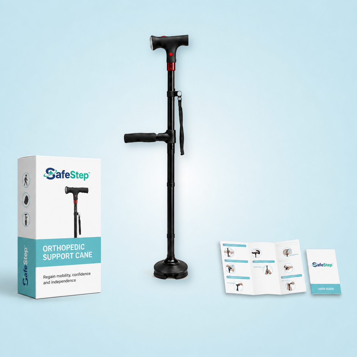 SafeStep support cane in black with retail box and user guide