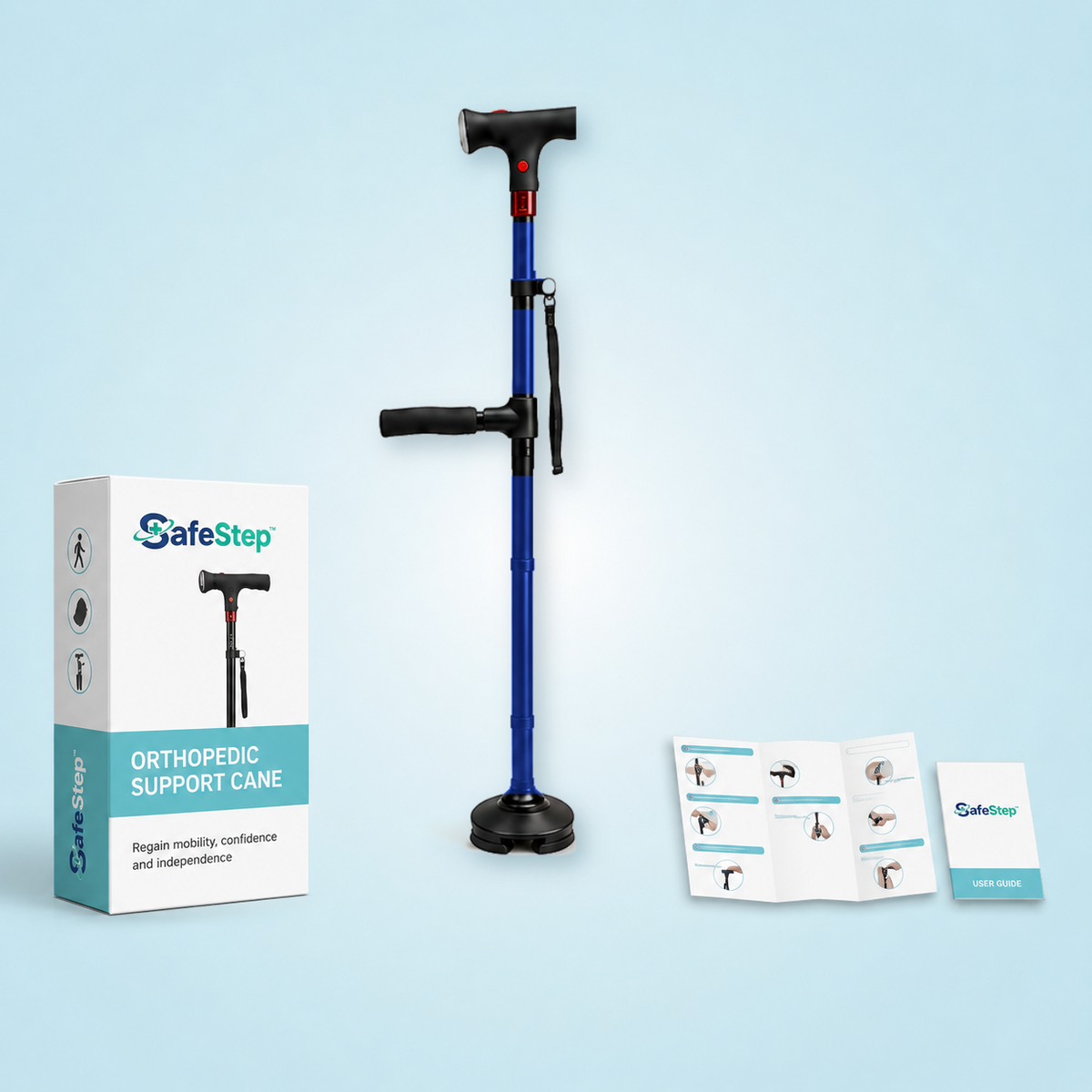 SafeStep support cane in blue with retail box and user guide