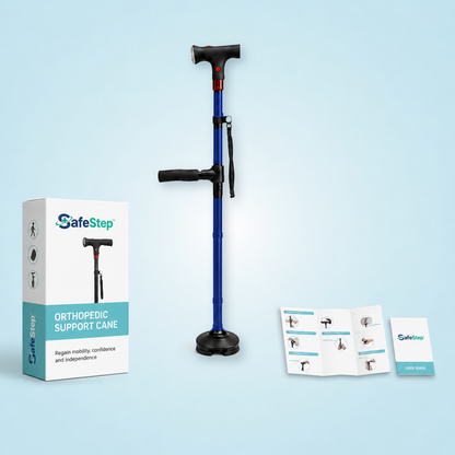 SafeStep support cane in blue with retail box and user guide