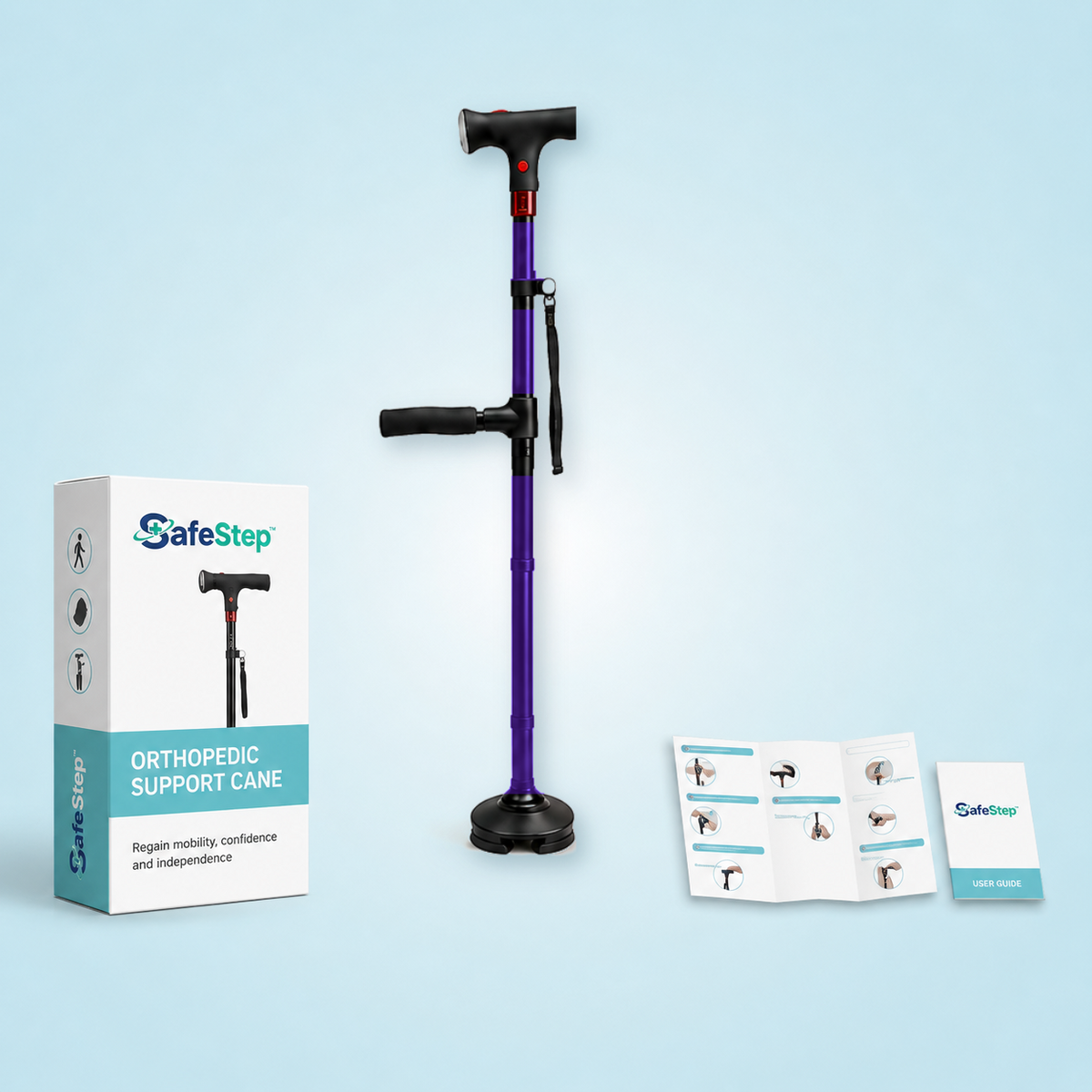 SafeStep support cane in purple with retail box and user guide