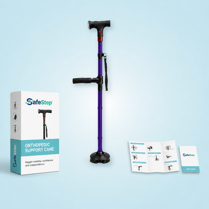 SafeStep support cane in purple with retail box and user guide